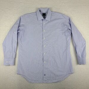 David Donahue Dress Shirt Mens 18 34/35 Purple Blue Plaid Trim Fit Button Up